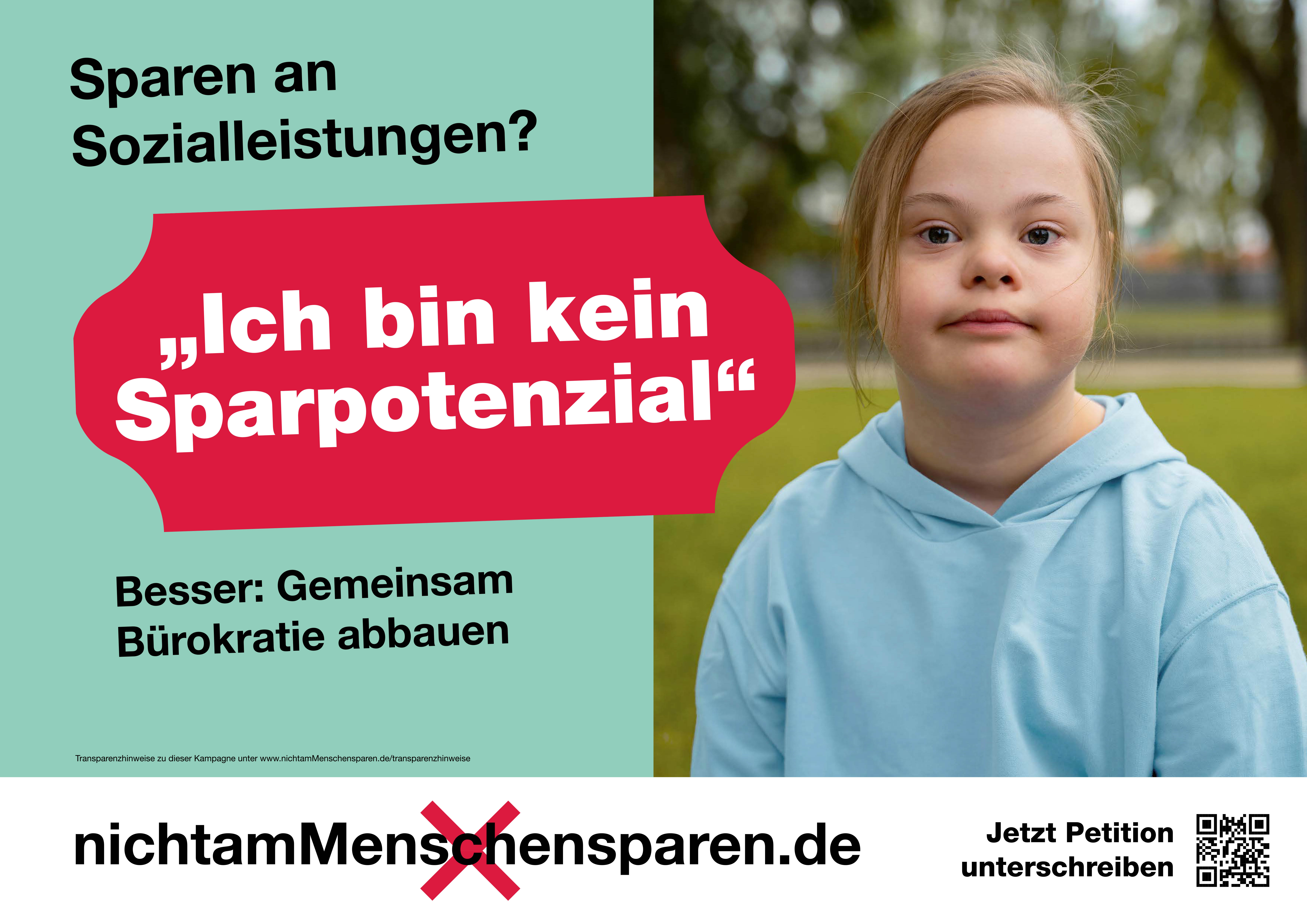 Plakat der Kampagne #nichtamMenschensparen mit einem Kind und der Botschaft „Ich bin kein Sparpotenzial“. Die Immanuel Albertinen Diakonie unterstützt die bundesweite Initiative für Teilhabe, Inklusion und eine verlässliche Behindertenhilfe.