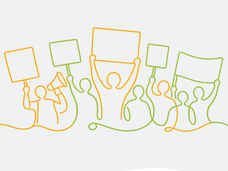 Das Bild zeigt eine Grafik mit Menschen, die Schilder hoch halten