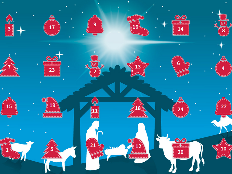 Startseite des digitalen Adventskalenders mit dem Krippenbild als Hintergrund und den roten Türchen in unterschiedlichen Symbolen, Türchen öffnen, Adventszeit, 24 Tage bis Weihnachten, Immanuel Albertinen Diakonie